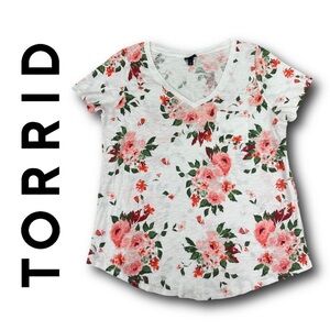 Torrid Pink and White Floral Girlfriend Signature V-Neck T-shirt - size 2